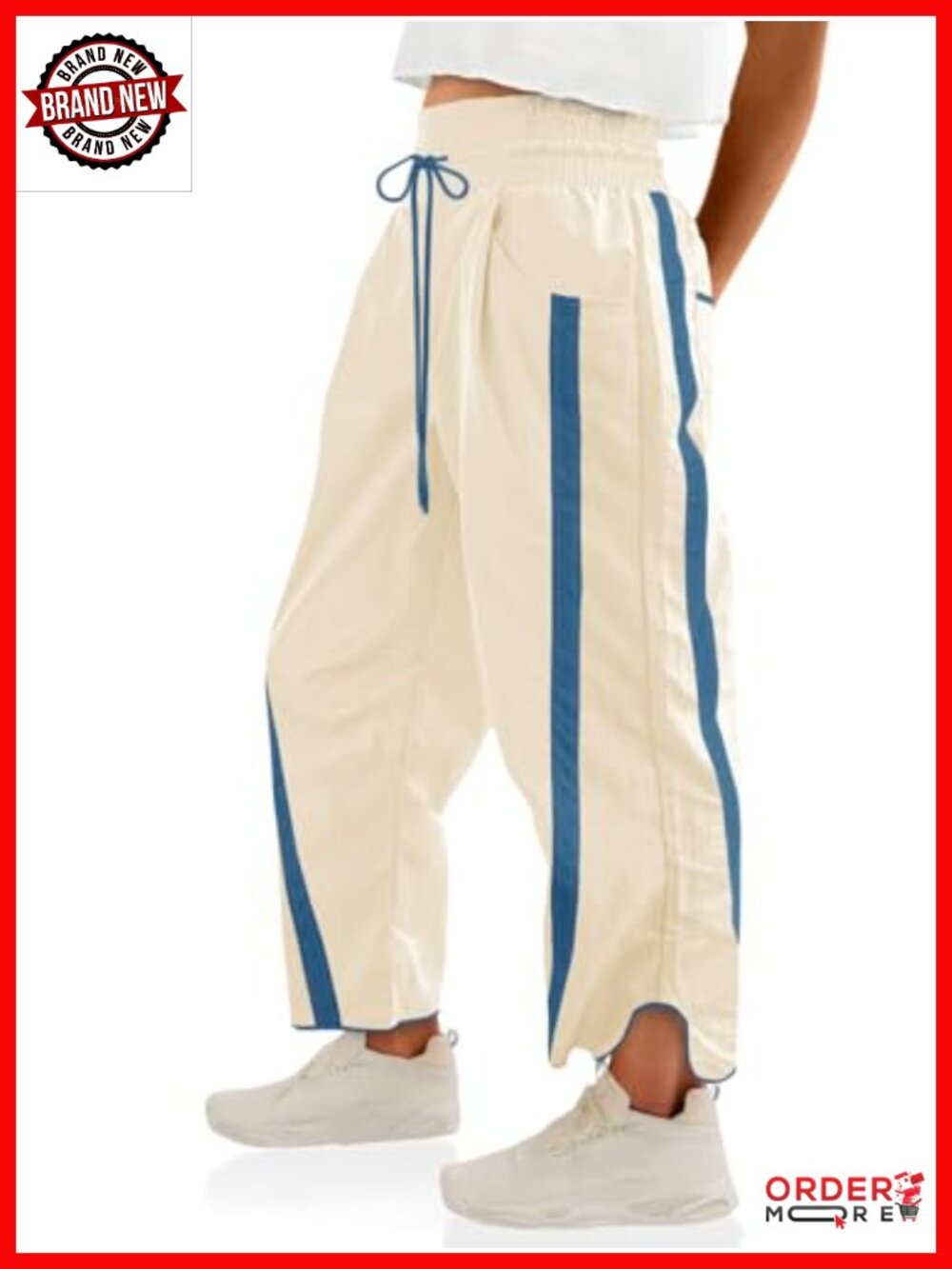 Viscose Wide Leg Track Pants with Stripes Elastic Drawstring Waist